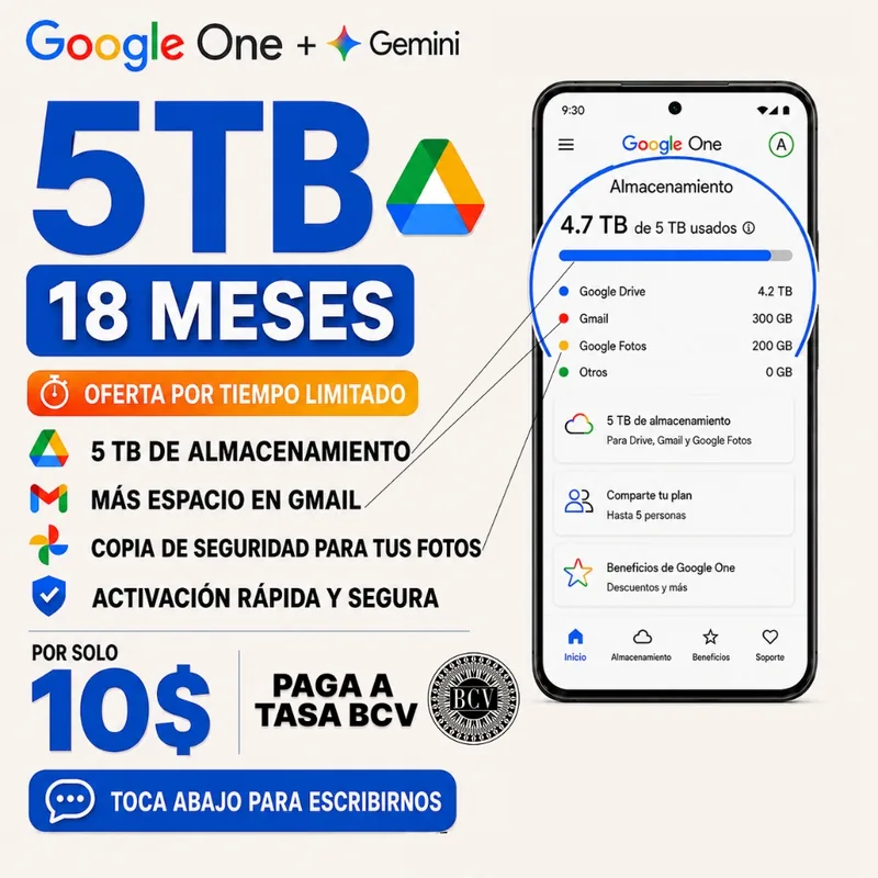 Google AI Pro 5TB 18 Meses por 10$ a Tasa BCV