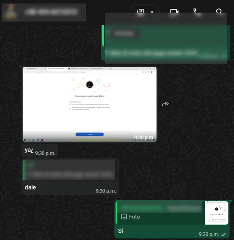 Captura real de WhatsApp #1: activación de Google One 5TB confirmada