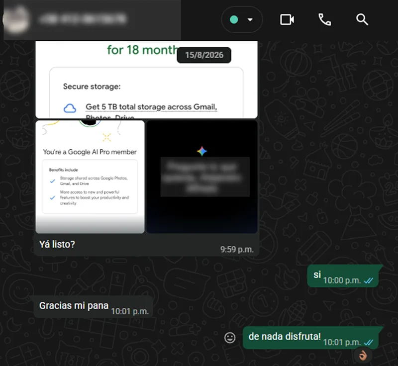 Captura real de WhatsApp #2: activación de Google One 5TB confirmada