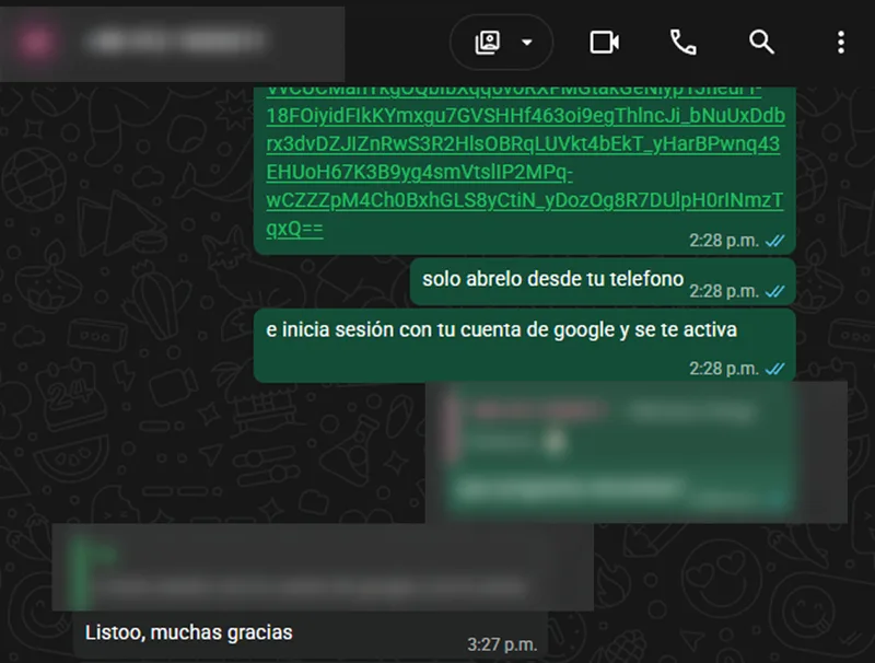 Captura real de WhatsApp #3: activación de Google One 5TB confirmada